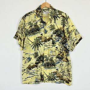 Hawaii Silkyway Vintage Yellow Silk Hawaiian Theme Button Up Shirt Men's Medium